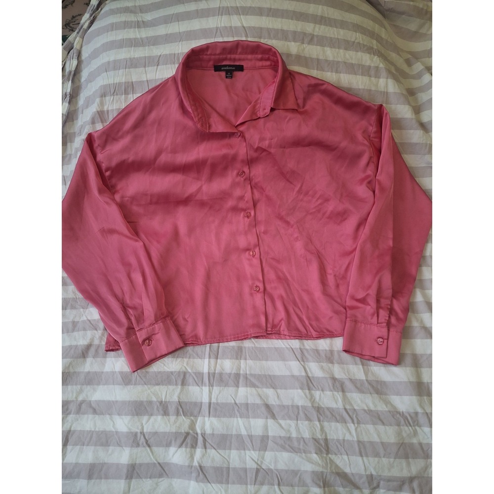 Ambiance Pink Satin Button Down Shirt Long Sleeve Blouse Small 74832